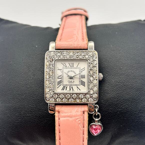 Adrienne Club A Silver Square Dial Crystals Pink Leather 26mm Women’s Watch - Picture 1 of 8